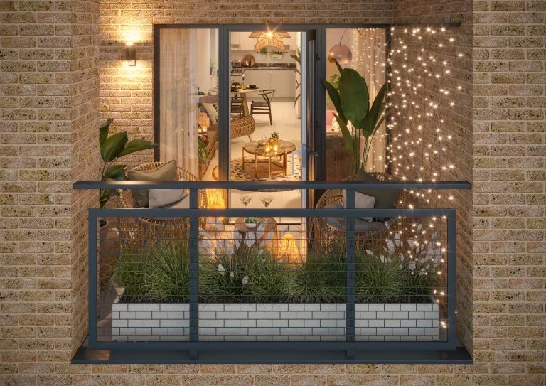 Visual representation of interior balcony at Alto housing development